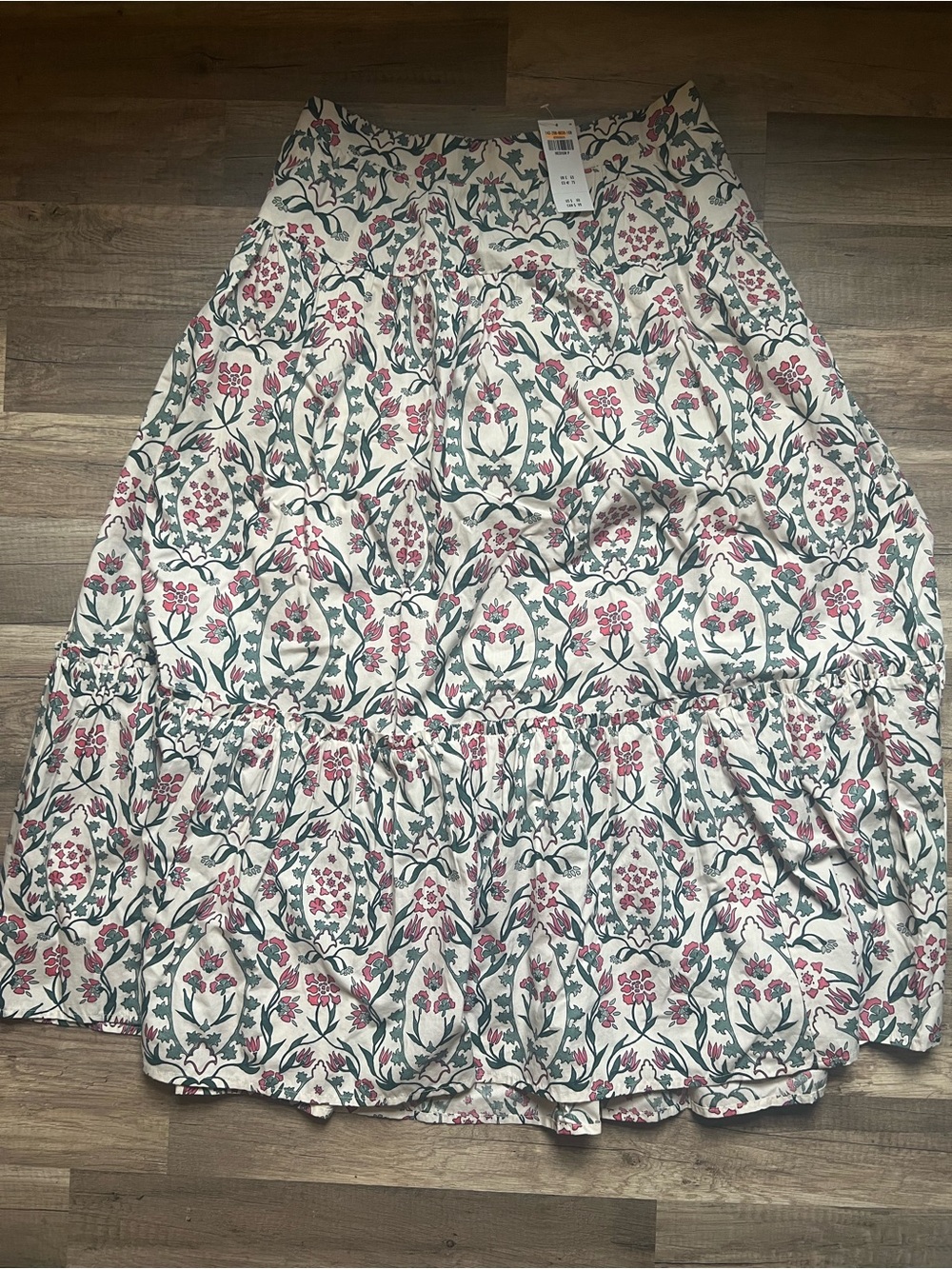 Floral Tiered Midi Skirt - Cream with Pink & Green Floral Print